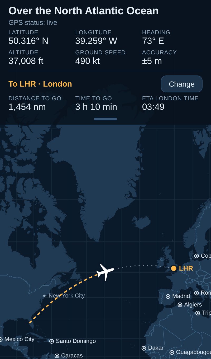 Flight Map over the North Atlantic: 1,454 nm to London, arriving 03:49 London time